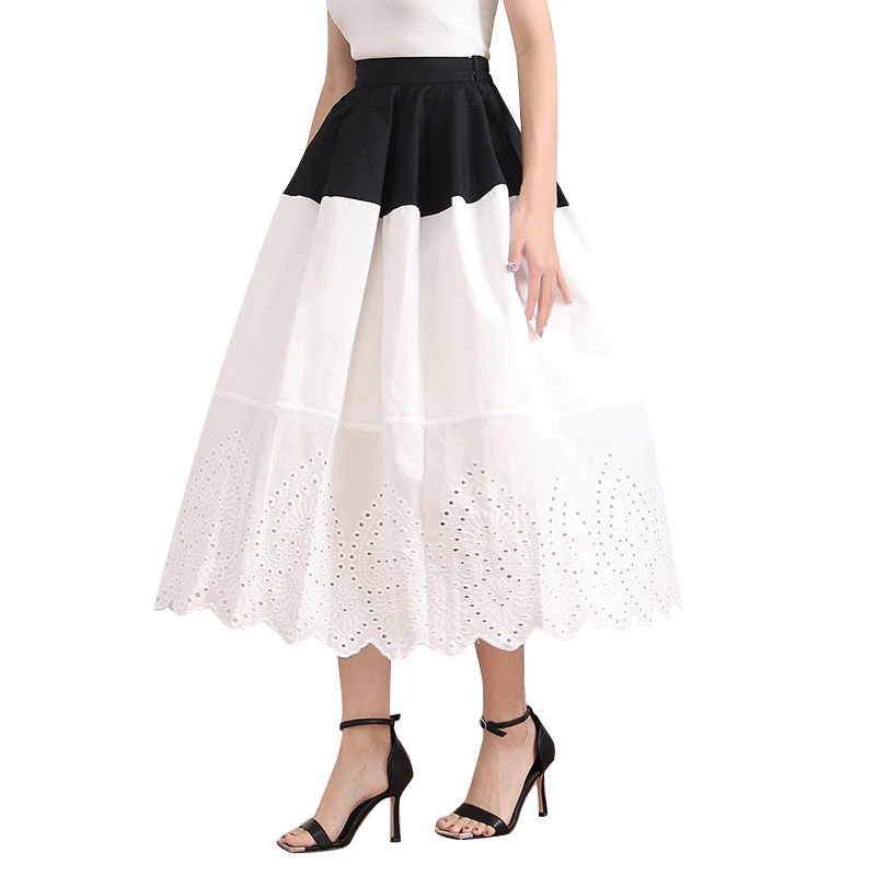 twotwinstyle vintage embroidery high-waisted hit color plus size womens pleated skirt