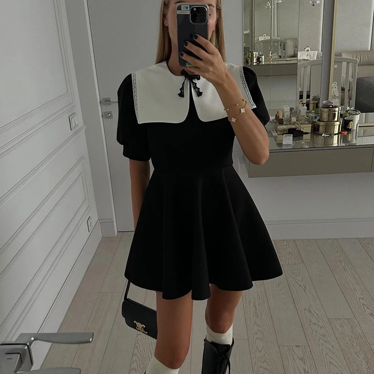 Low MOQ Wholesale Patchwork Color Contrast Women's Casual Fashionable Short Summer Dresses White Collar Black Dress