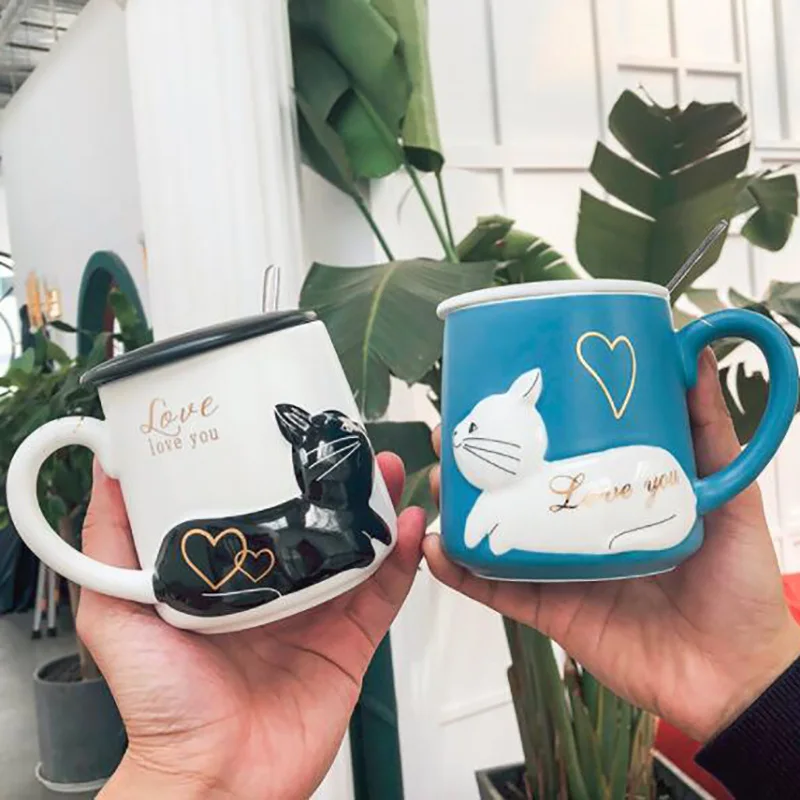 

YIDING Hot selling couple travel coffee mug cat ceramic 3d cute animal cat handmade china ceramic mugs cup wholesale stock, As is or customized
