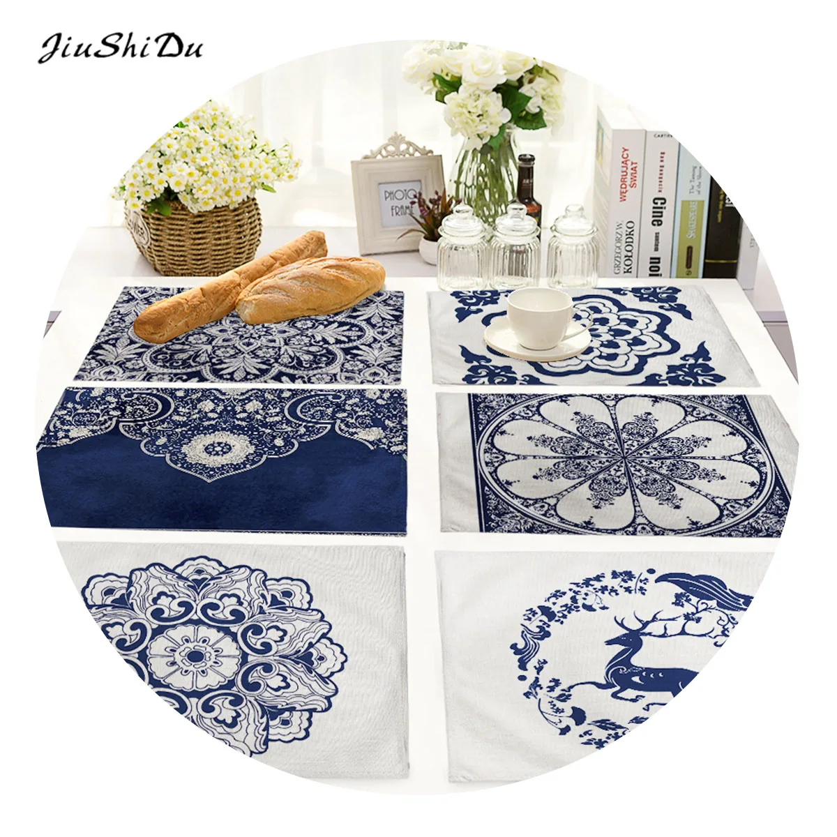 

Europe and the United States selling blue and white porcelain flowers cotton and linen thermal insulation placemat, Picture