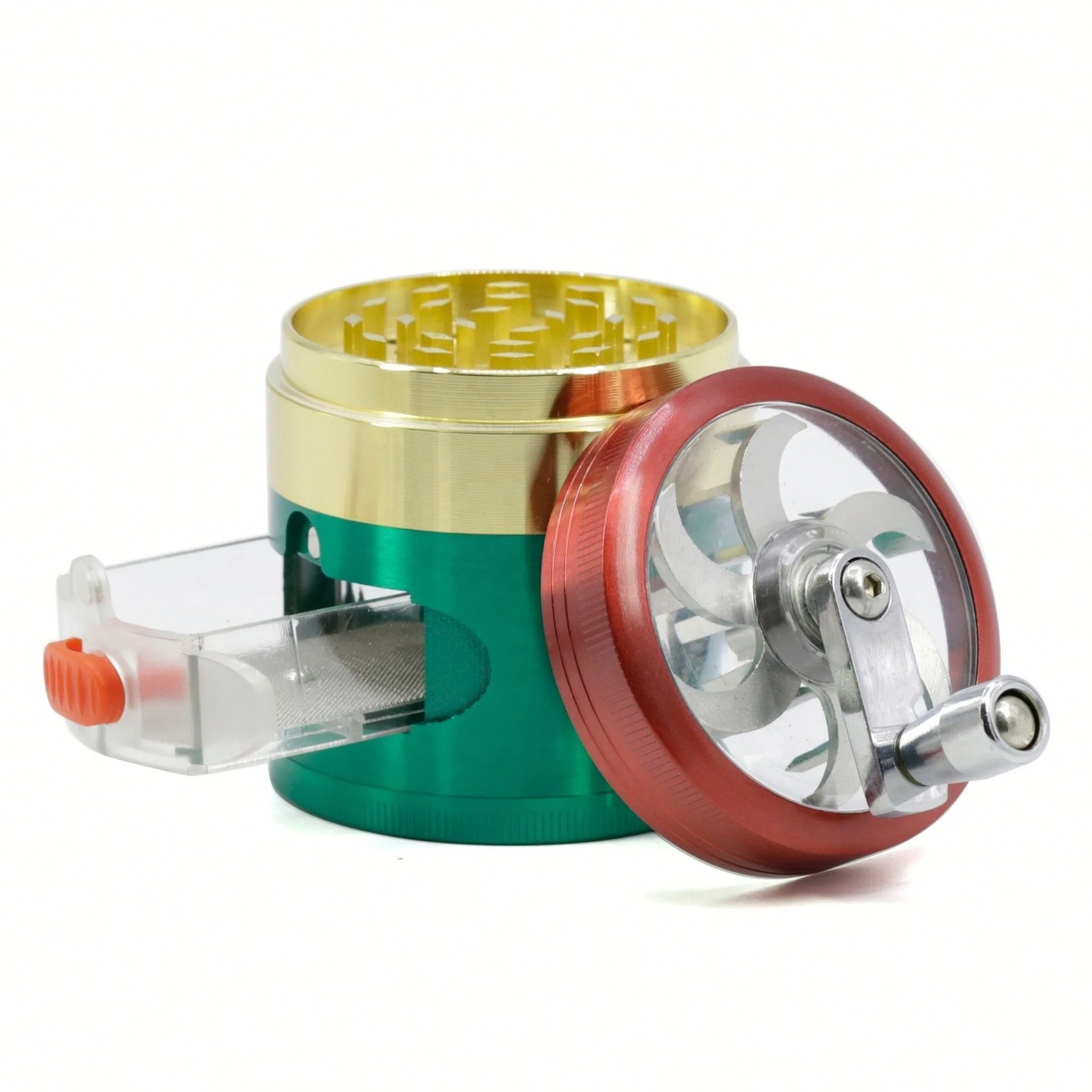 

4 Part Hand Crank Dry Herb Grinder with Drawer Diameter  Zinc Alloy Transparent Window Cigarette Grinder jhcentury, Picture