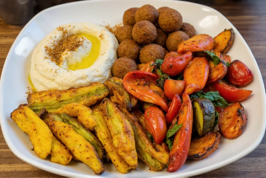 Colorful plate of dishes featuring cumin: hummus, falafel, and spiced roasted vegetables