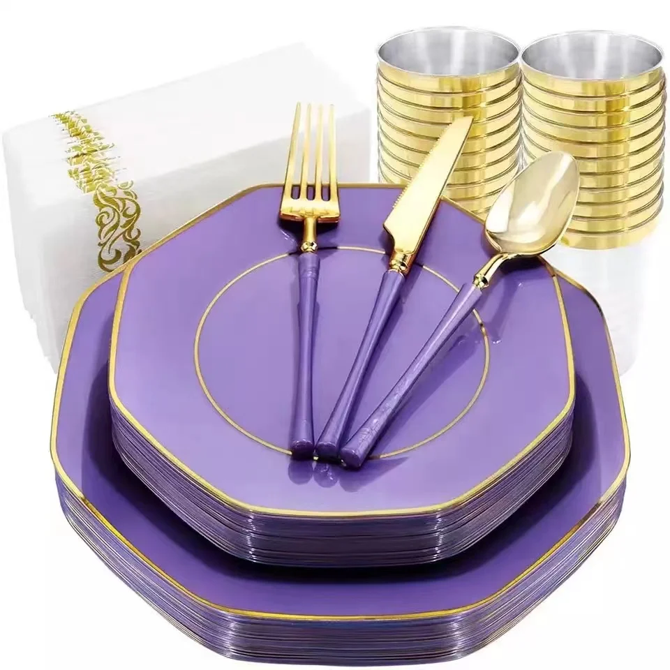

Geometric Purple Plastic Dinnerware for Wedding and Parties