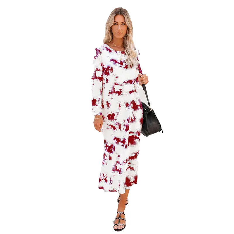 

2021 European And American Spring Hot Style Ladies White Printed Short-Sleeved Long Casual Dress, Red