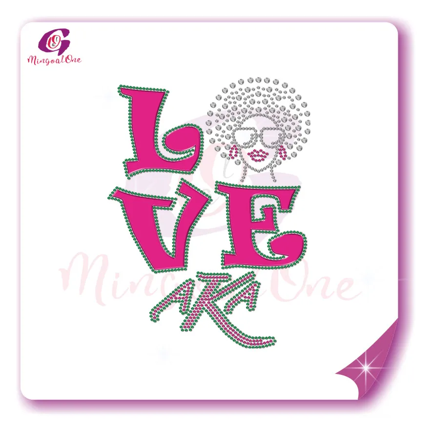 

Popular LOVE AKA Afro Girl Rhinestone Vinyl Applique Heat Transfer For T Shirts, Select from color chart