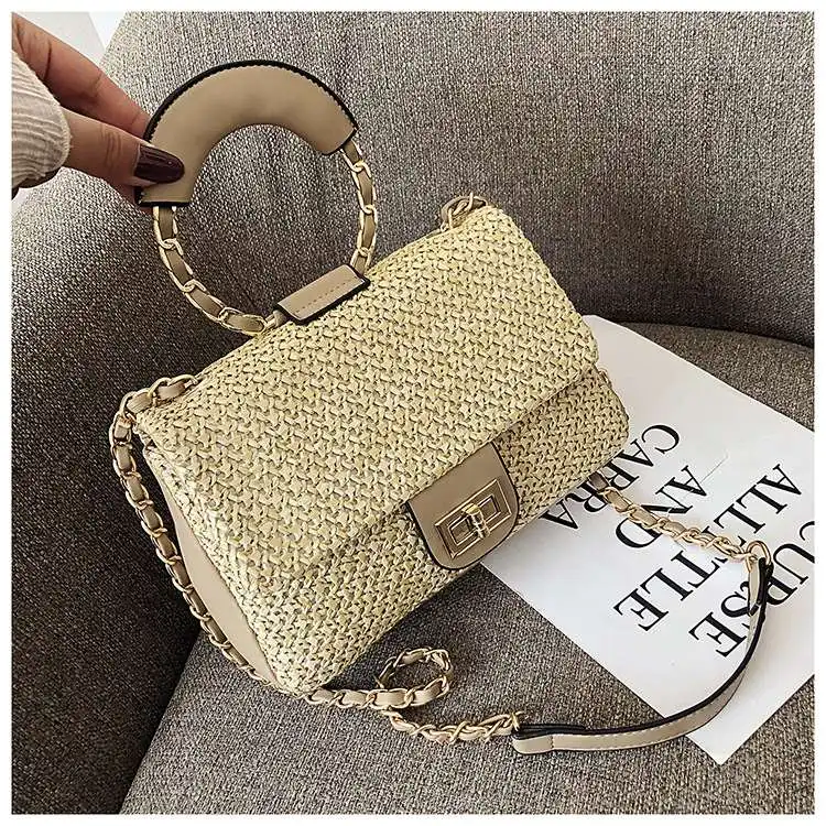 

small summer straw bags women handbags ladies fashion round handle chain flap crossbody knit tote beach women hand bag designer, Black, white, brown, khaki