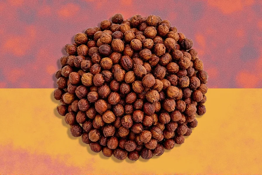 Close-up photograph of allspice berries still on branch and ground allspice in spice jar