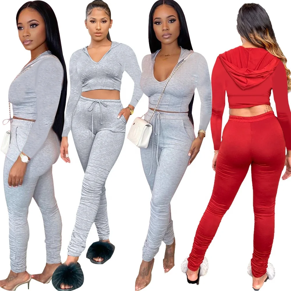 

2021 Tracksuit Gym Joggers Suits Fall Women Clothes Crop Top Hoodies Sets Fashion Womens Clothing Stack Legging Set, As pictures or customized colors