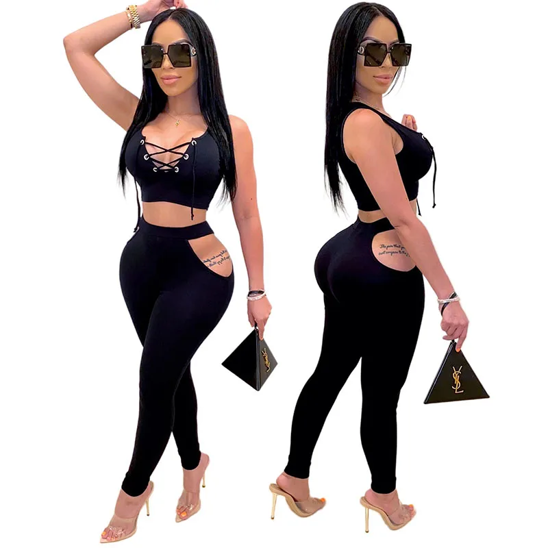

Fitness Women 2 Piece Set Bandage Crop Tank Top High Wiast Skinny Pencil Pants Sexy Club Party Leggings Matching Tracksuits, Neon green ,neon orange custom pantone color