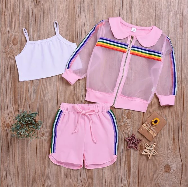 

WHS06 Kid Girls Clothes Fashion Mesh T-shirt+Sport Pants Girls Outfits Tracksuit Kids Clothing For Girls 3pcs Sets