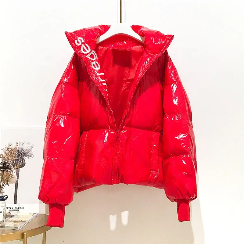 

2020 New arrival women's winter Embroidery bubble shiny coat puffer jacket short PU outwear, Same as picture or custom