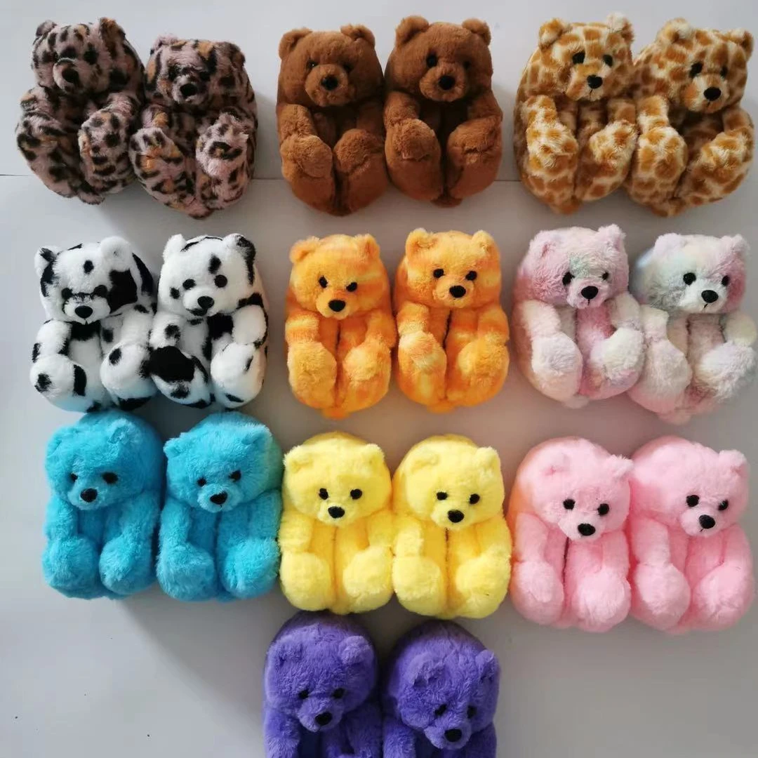 

Hot Sale Cute Design Lovely Plush Fast Shipping Kid Size Teddy Bear Slipper Comfortable House winter slippers Women and Ladies