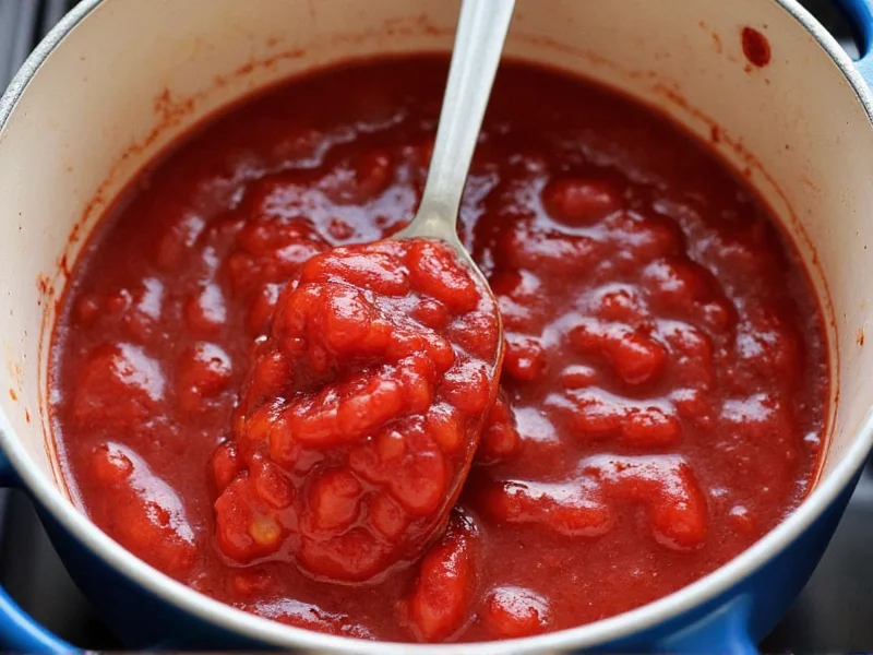 Testing jam consistency with cold spoon during cooking