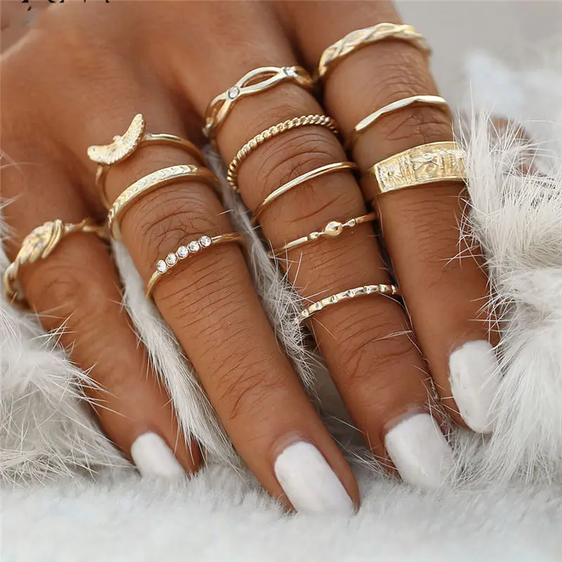 

12 Pcs Set Charm Gold Color Midi Finger Ring Set for Women Crystal Vintage Boho Knuckle Party Cuban Chain Rings Punk Jewelry