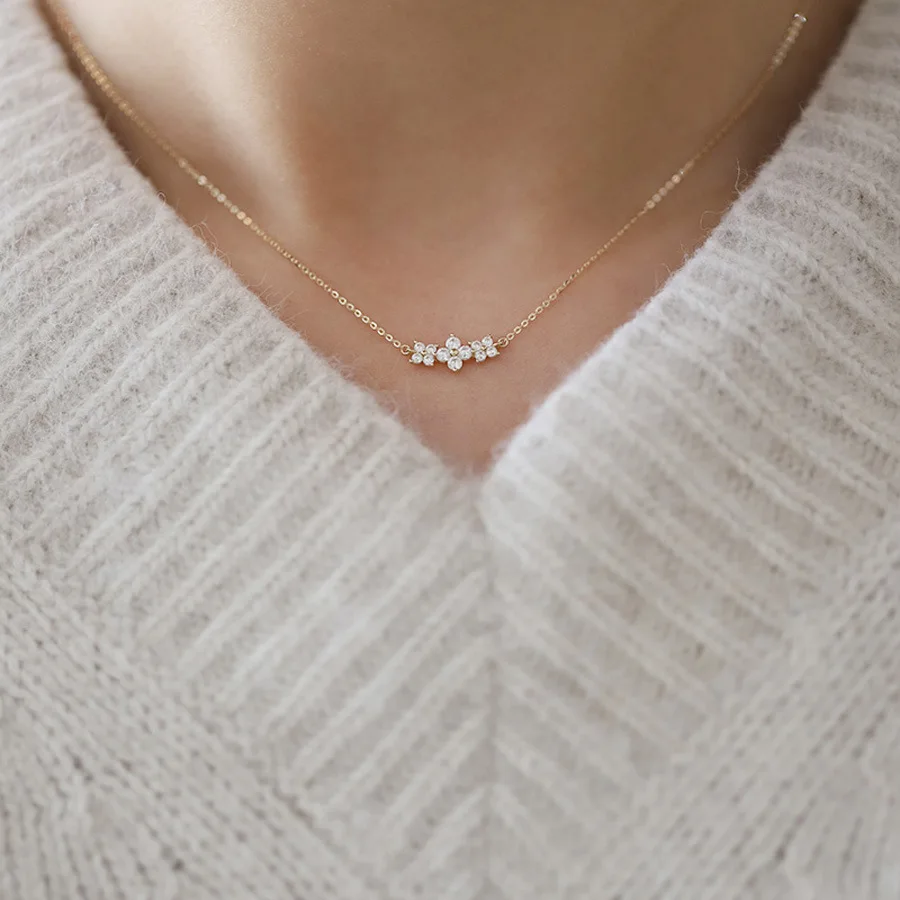 

S925 Sterling Silver Plated 16K Gold Necklace Female Full of Diamond Clover Small Flowers Senior Sense Collarbone Chain