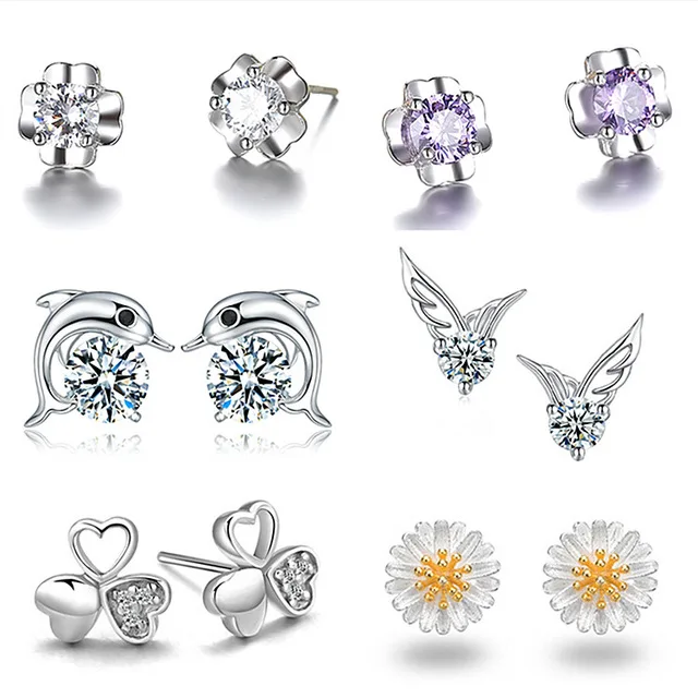 

2021 Newest Design 925 Sterling Silver Ear Pin Stud Earrings Mini Crown Chrysanthemum Dolphin Zircon Stud Earrings For Girls, As picture