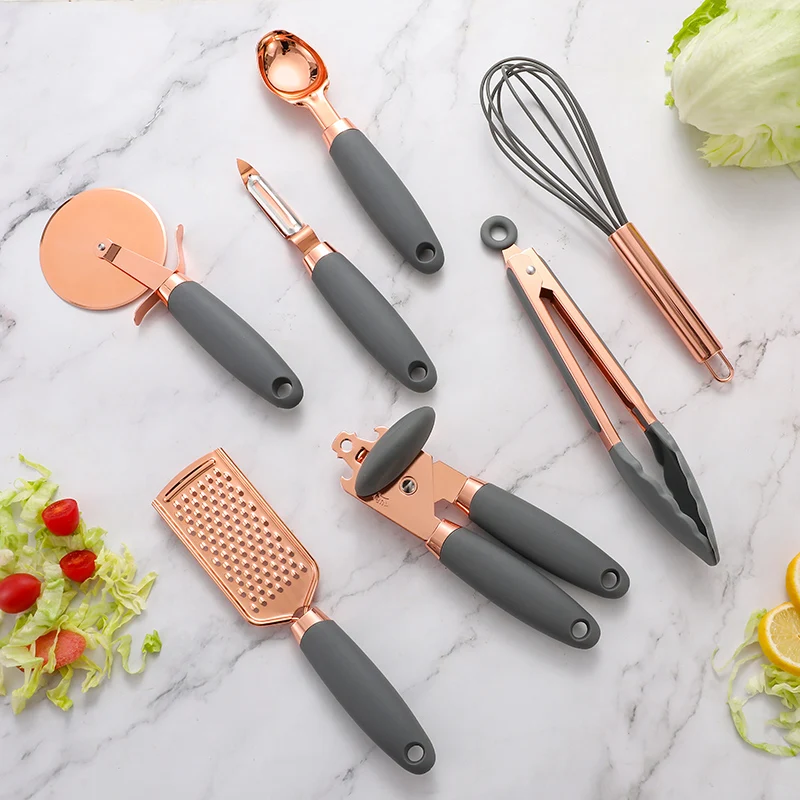 

New arrival unique design in stock 7pcs kitchen gadget set with copper plated rose gold finished 7pcs kitchen gadget set, Pink, gray and mint