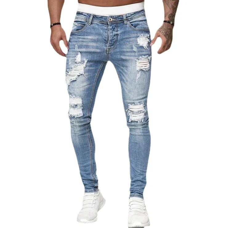 

New Arrivals Hot Sale Slim Fit plus size men's pants & trousers fashion ripped skinny jeans pant denim pants new, As picture