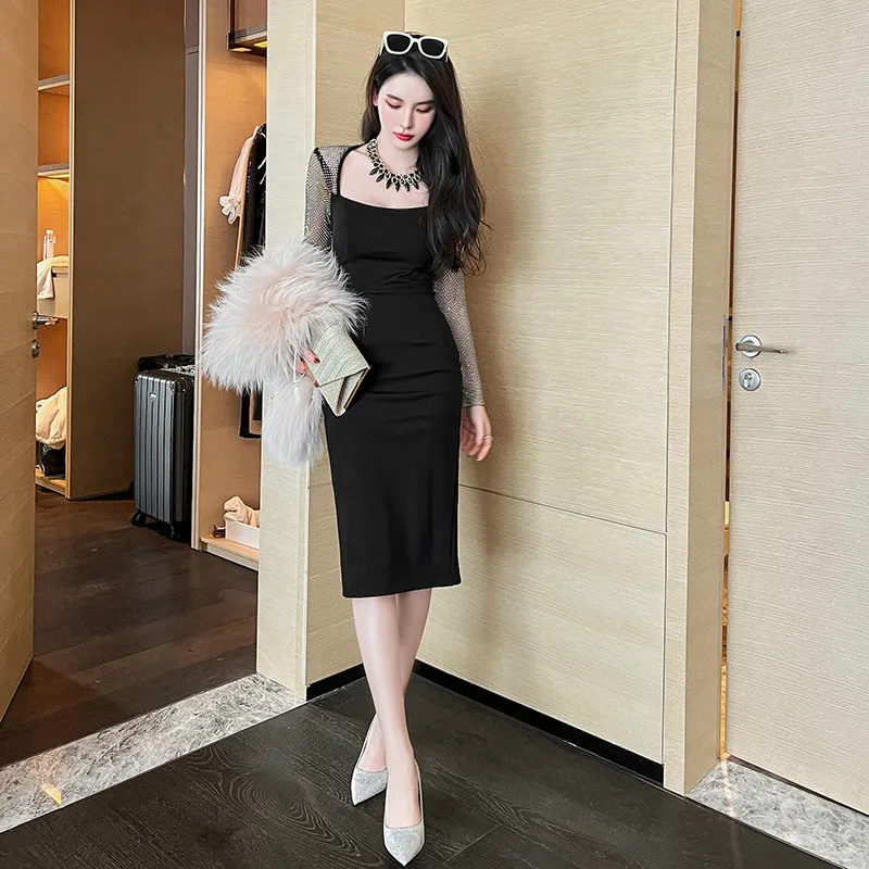 

2022 Spring New Cross Border Female Hepburn Style Temperament Mesh Stitching Tight Dress