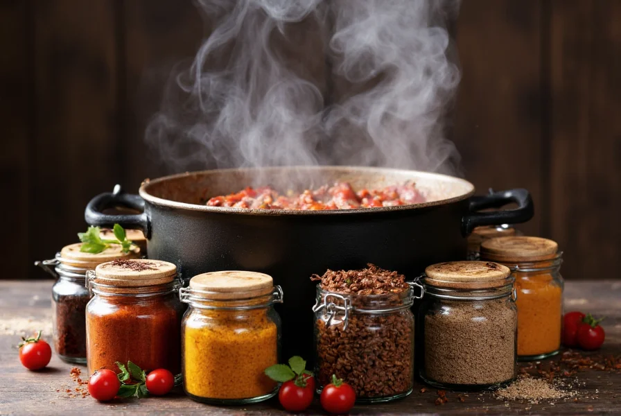 Various spice jars arranged around a pot of simmering chili with steam rising