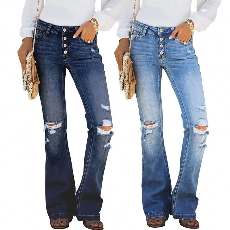 

New Fashion Style Mid Rise Button Front Flare Denim Women Boot Cut Jeans, Customized denim jeans women