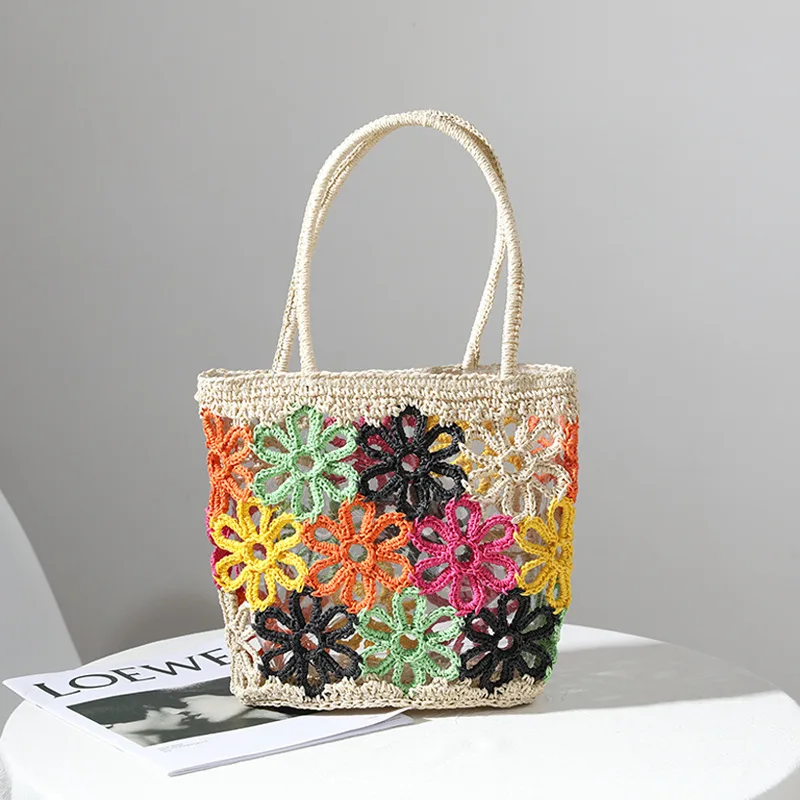 

INS Style Summer Vacation Chic Hollow Carved Raffia Straw Beach Tote Bag Paper Straw Flower Woven Bag Women Handbag Straw Bag