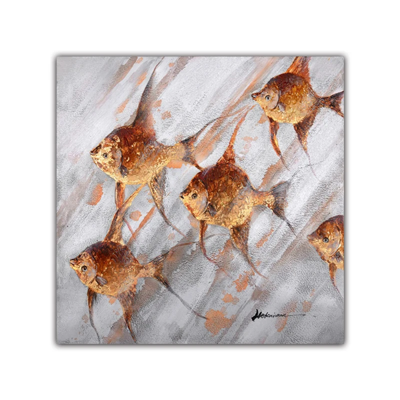 

Handmade Oil Paintings Gold Fishes Large Abstract Painting Animal Print Canvas Wall Art Home Decor