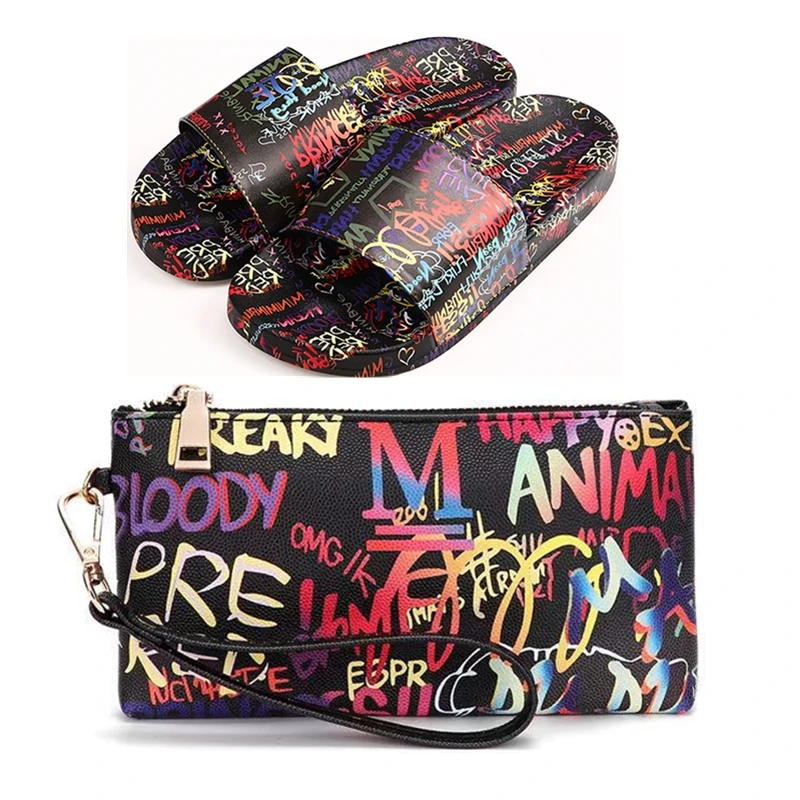 

Purse And Shoe Sets 2021 hot selling Graffiti Shoes Matching pu leather Wallet Clutch Set, 2 colorful