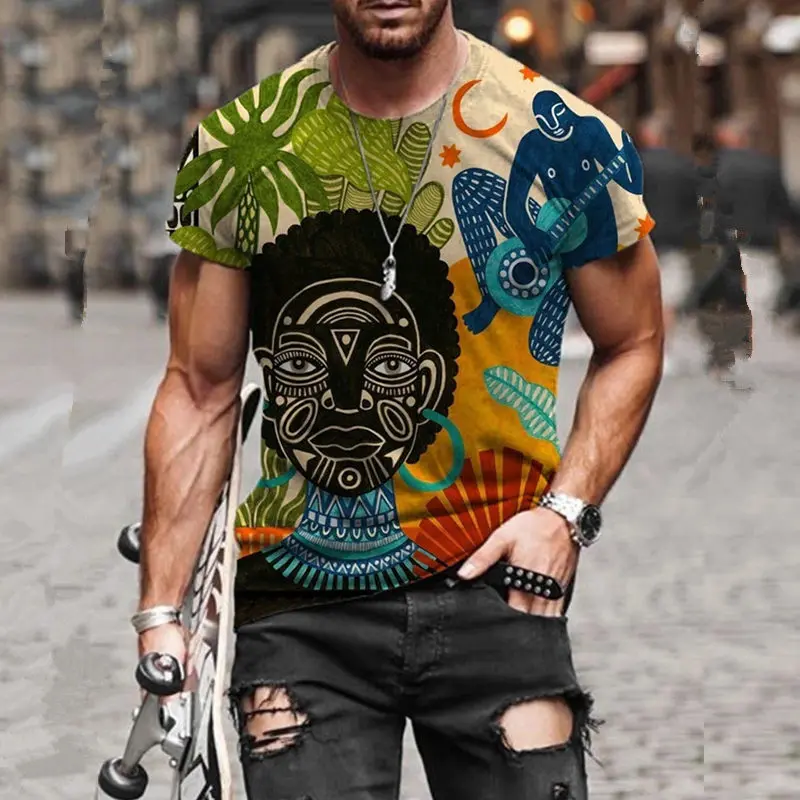 

2021 Summer New Mens Oversized Vintage Short Sleeve T Shirts Fashion Harajuku Ethnic Printed Tshirts