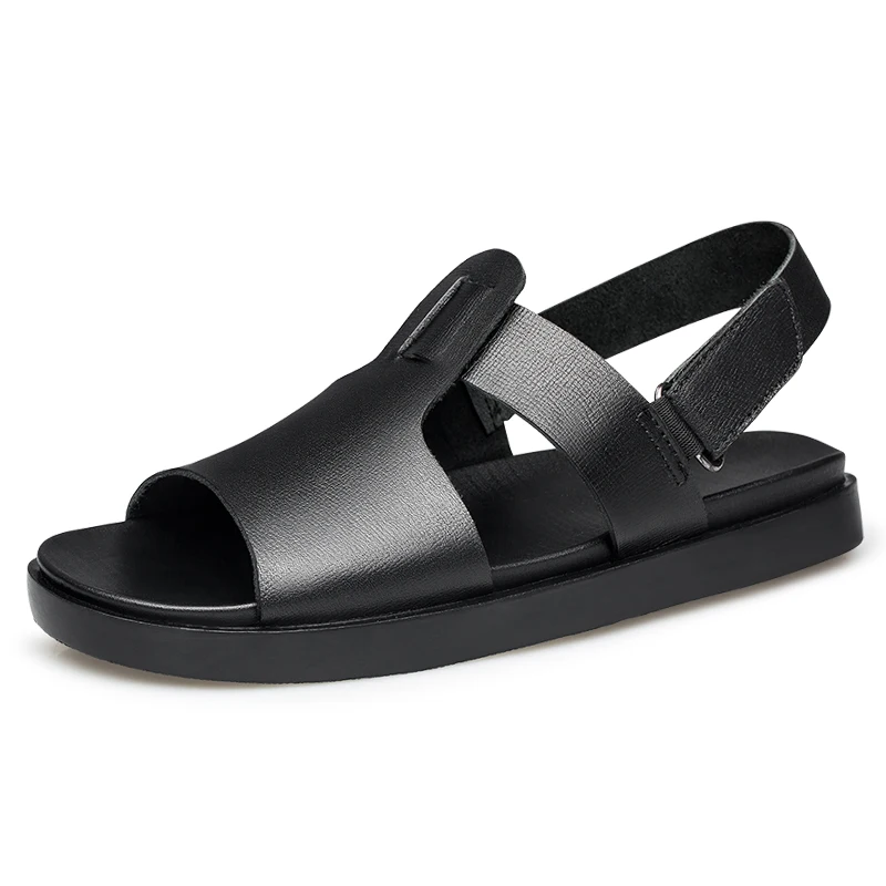 

2021 New Arrivals Trendy Summer Breathable Mens Sandals Outdoor Leisure Flat Slippers Leather Sandal, Black