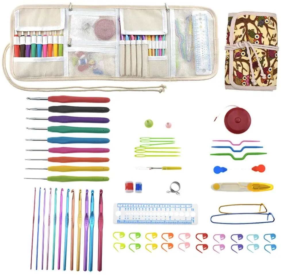 

Crochet Hooks Holder, Canvas Roll Organizer with Zippered Web Pockets for Various Crochet Needles and Knitting Accessories