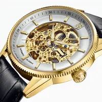 

High quality Customized Black Leather Gold Wrist Watches skeleton Mechanical Watches Men Luxury Brand Automatic