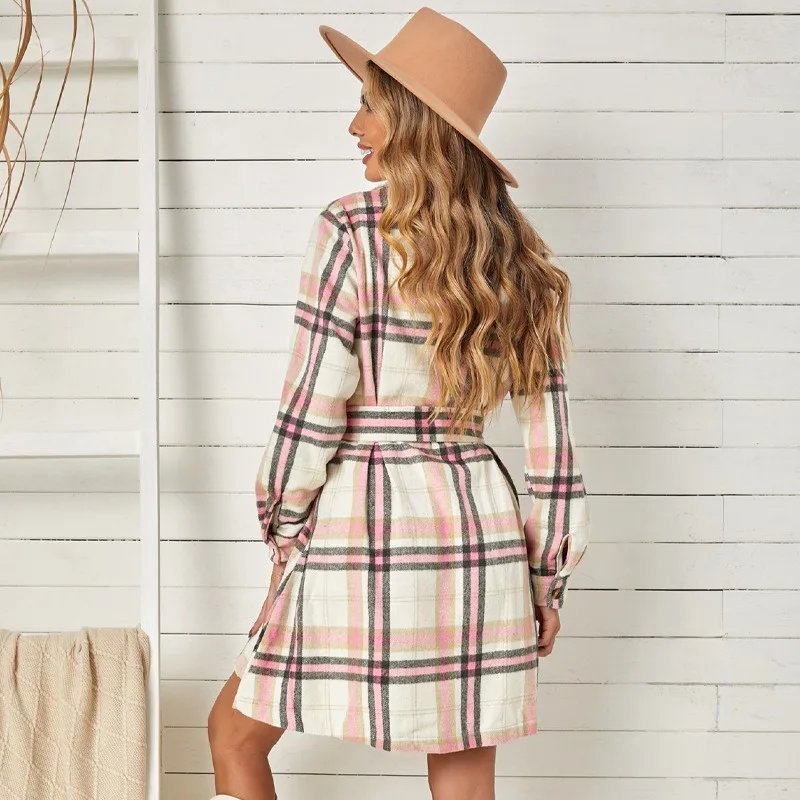 

Shirt dress female plaid row button long-sleeved laced waist dress