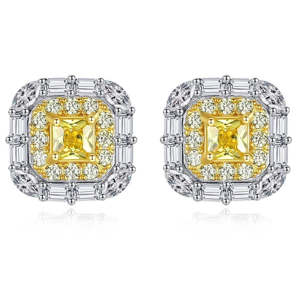 

INS Popular 925 Silver Jewelry Vintage Style Princess Cut Yellow Diamond Double Gold Color Stud Earrings