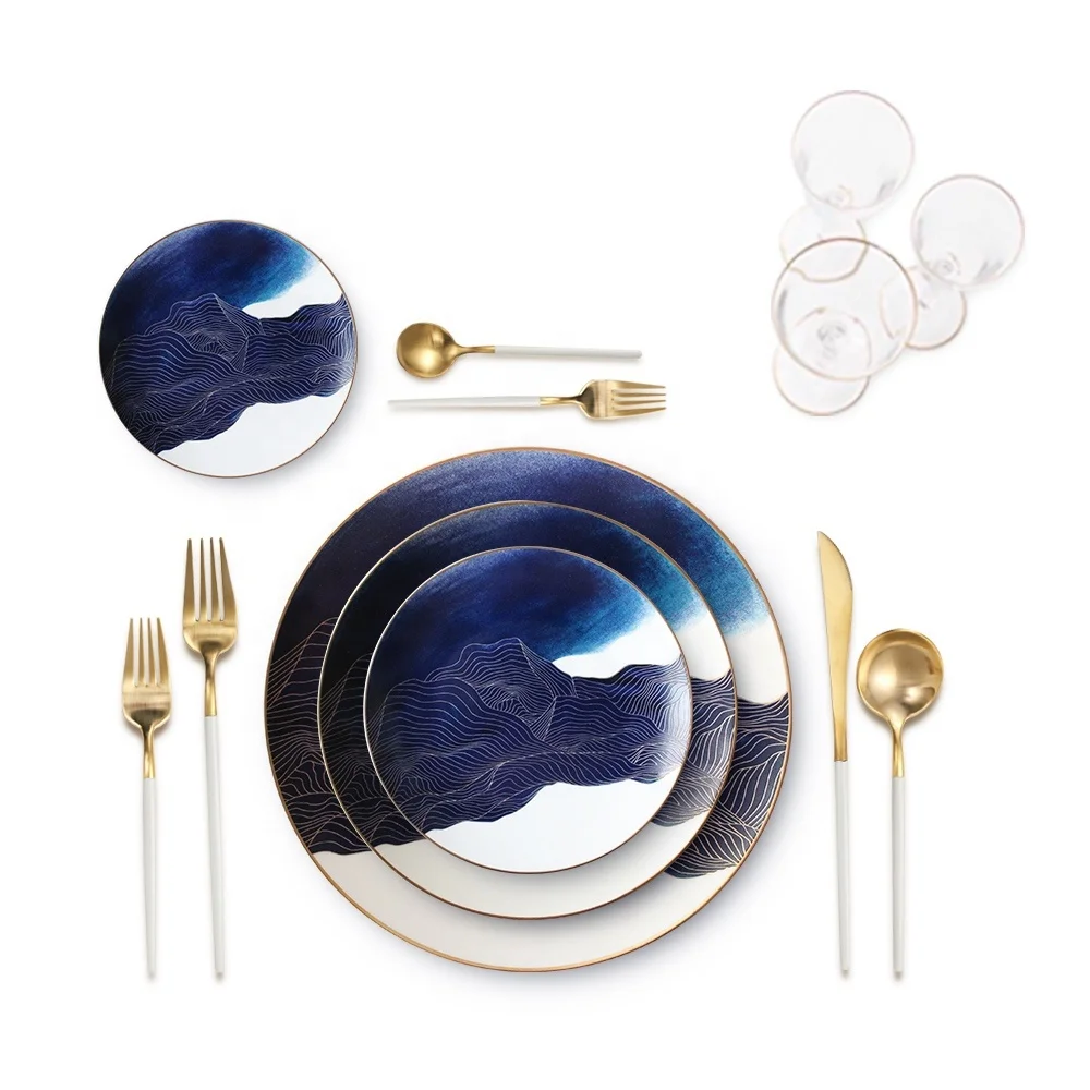 

Wholesale Bone China Plate Dinner Set Blue and Gold Wedding Dishes Environment Friendly Ceramics dinnerware