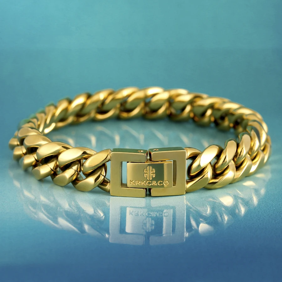 

KRKC Wholesale 10mm 7inch 18k Gold Plated Stainless Steel Cuban Bracelet Jewelry Miami Cuban Link Bracelet