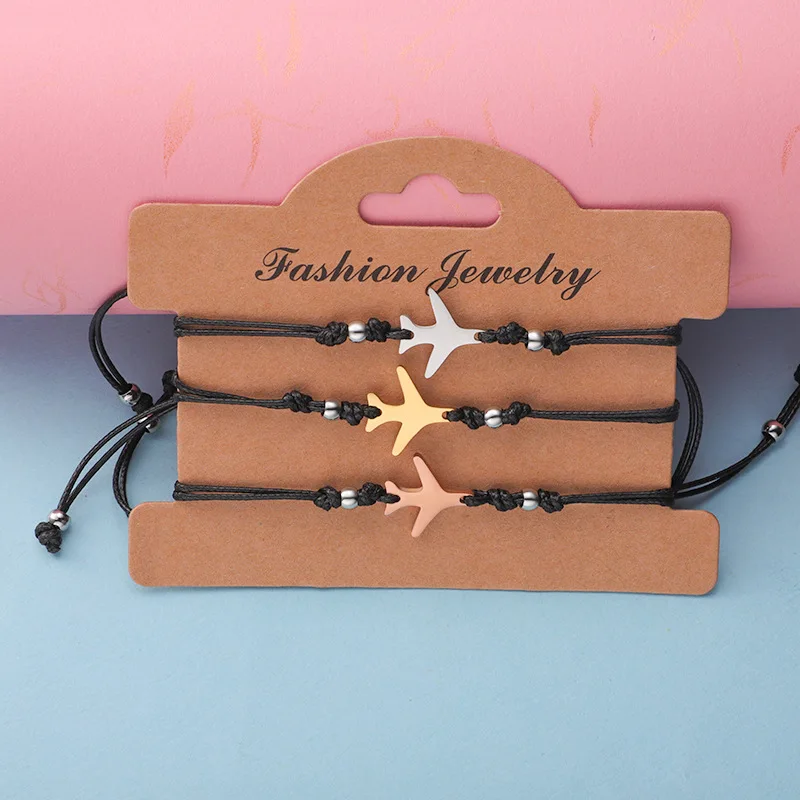 

Hot Selling Adjustable Braided Bracelet Titanium Steel Round Hollow World Map Airplane Charm Bracelet