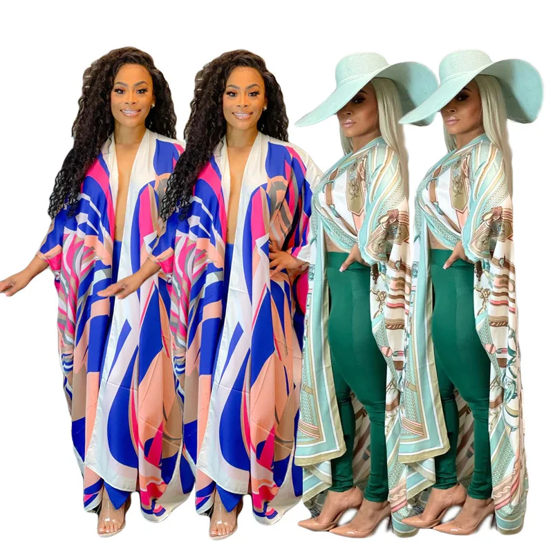 

Summer 2021 Fashion Print casual cardigan women's coat plus size dress maxi dress long sleeve