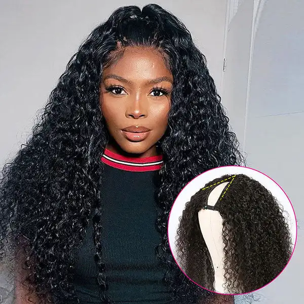 

Curly U Part Wig Human Hair 4x1 inch Small Leave Out, Brazilian Glueless Human Hair Upart Wig No Sew in No Glue 150% Density