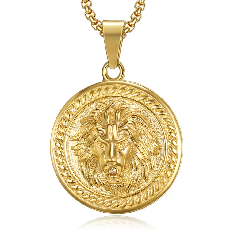 

new design round lion pendant gold plated stainless steel jewelry lion head animal necklace charm men pendant jewelry