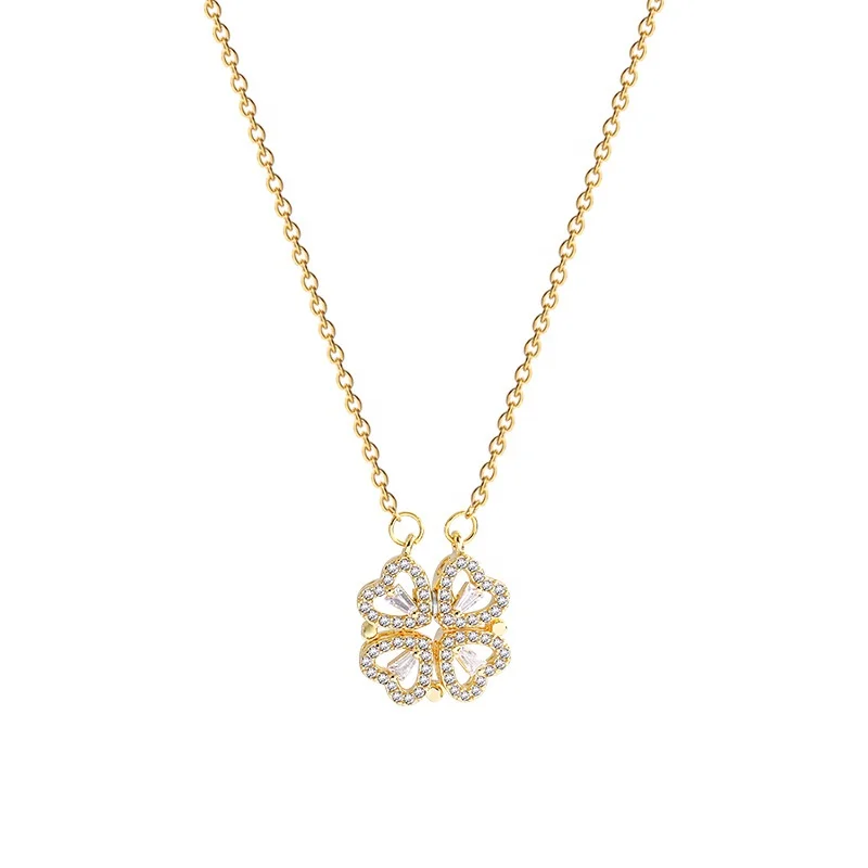 

Multi Use Magnetic 4 Hearts Four Leaf Clover Cz Pendant Necklace Gold And Silver Necklace For Women