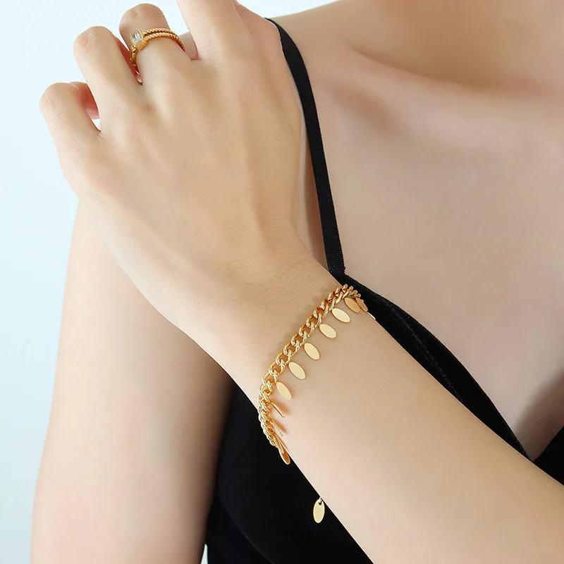 

Wholesale Waterproof Jewelry 18k Gold Plated Stainless Steel Tassel Leaf Bracelet