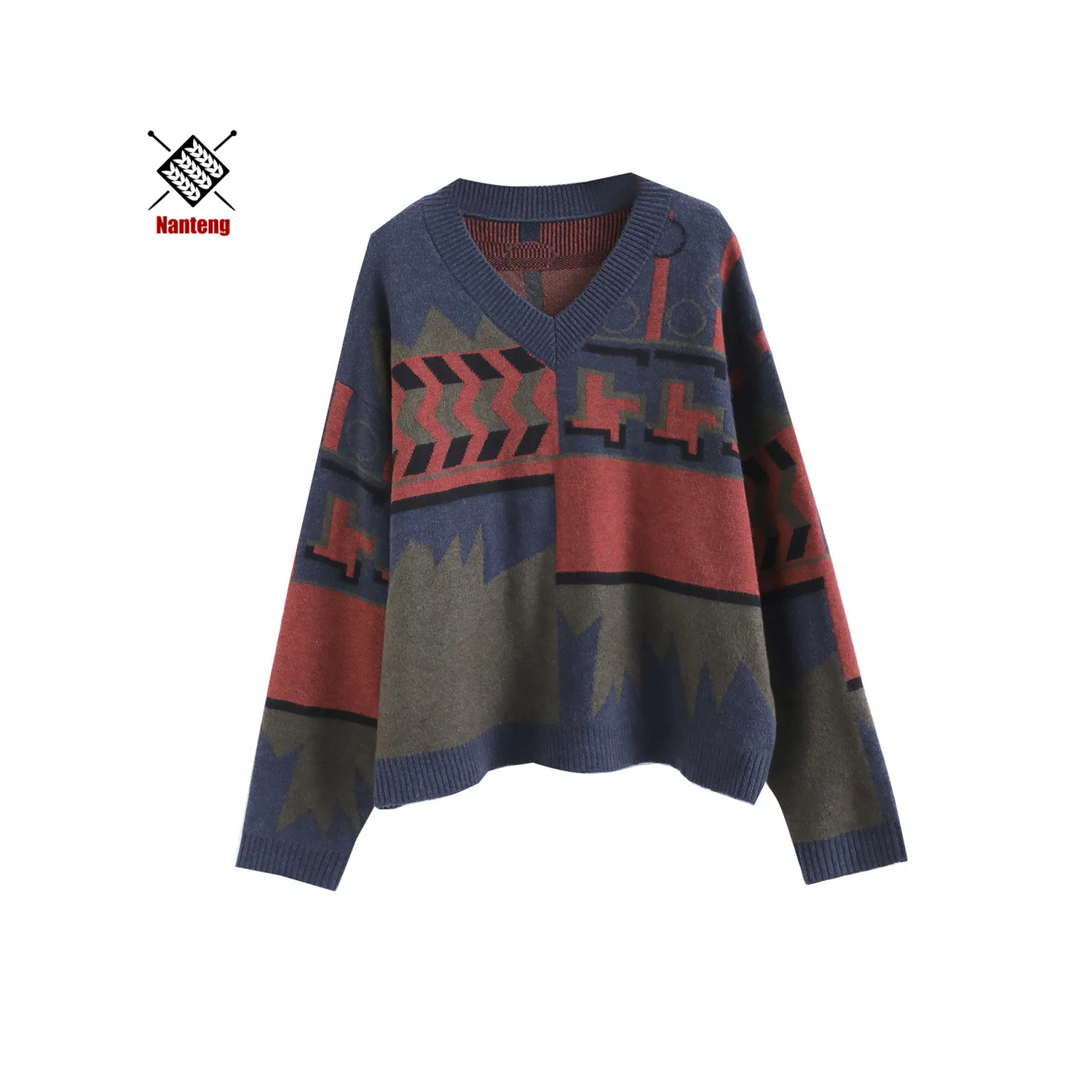 

Custom Wholesale Geometric Pattern V Neck Knitwear Women Clothes Pullover Sweater