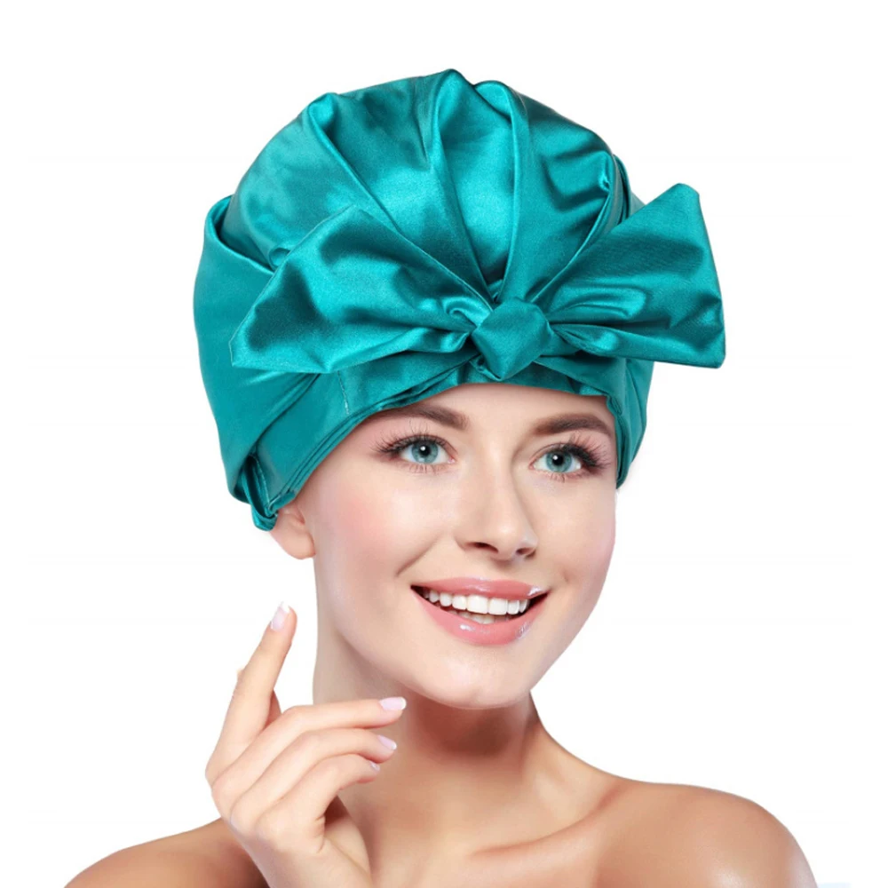 

Waterproof Large Bowknot Double Layer Reusable Bath Hair Shower Caps With Silky Satin for Women Beauty Bathing Home Travel Use, Customized color