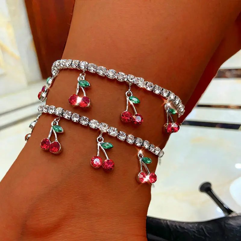 

New Fashion Charm Fruit Ankle Jewelry Shiny Crystal Tennis Chain Anklet Cute Rhinestone Cherry Anklet For Women, Gold,silver color