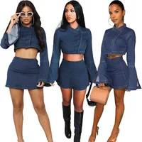 

Fashion Jean Jacket Women Casual Dresses Women Flare Sleeve Women Two Piece Set