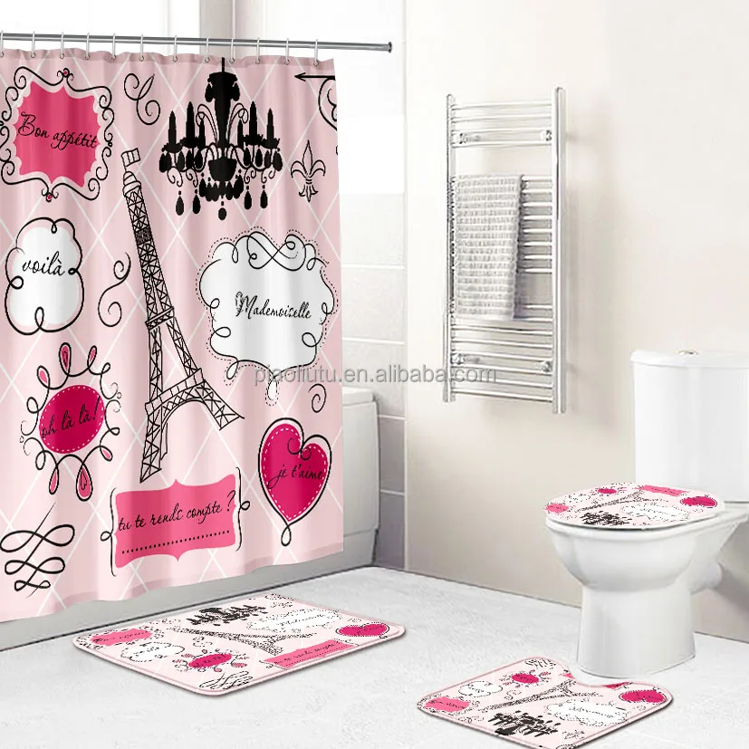 

4 Pcs Paris Eiffel Tower Shower Curtain Set pink flower with Non-Slip Rug, Toilet Lid Cover and Bath Mat, Custom-made