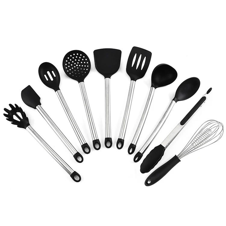 Juego de utensilios de cocina de silicona con soporte negro para utensilios de cocina Black 10 pieces with holder 