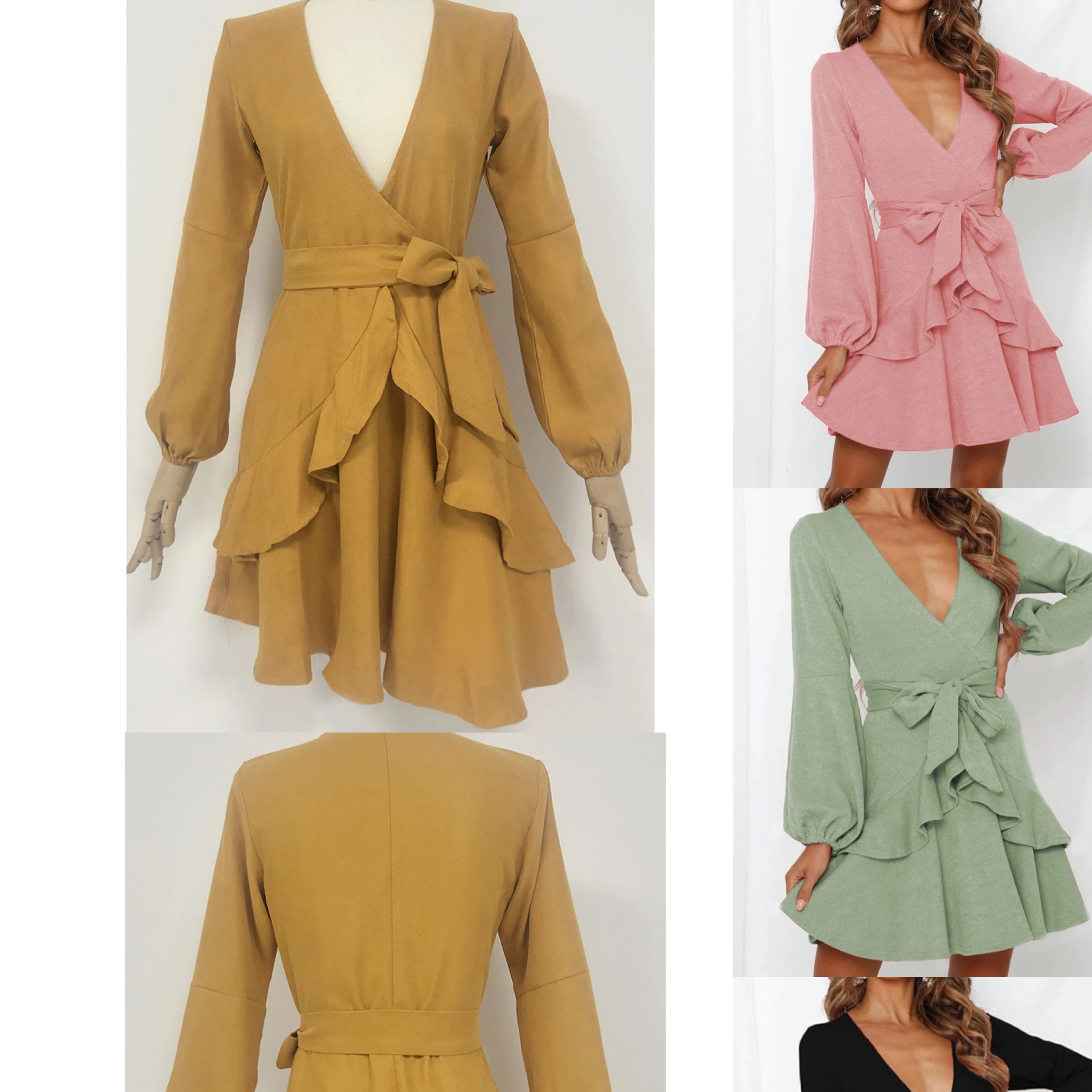 

V Neck Ruffle Casual Dress Women Pleated Long Sleeve for Party Party / Daily Life Customized Color  Loose Mini