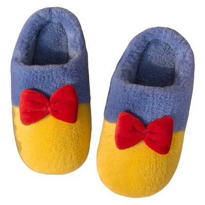

New design Cartoon fur slides women indoor winter warm furry slippers comfortable and soft ladies bow knot plush slippers, Lue-yellow, blue-red and yellow-red